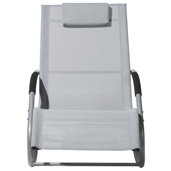 Lettino a dondolo con guide in acciaio grigio imbracatura in tessuto con cuscino per la testa