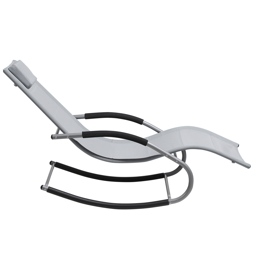 Lettino a dondolo con guide in acciaio grigio imbracatura in tessuto con cuscino per la testa