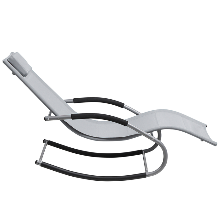 Lettino a dondolo con guide in acciaio grigio imbracatura in tessuto con cuscino per la testa