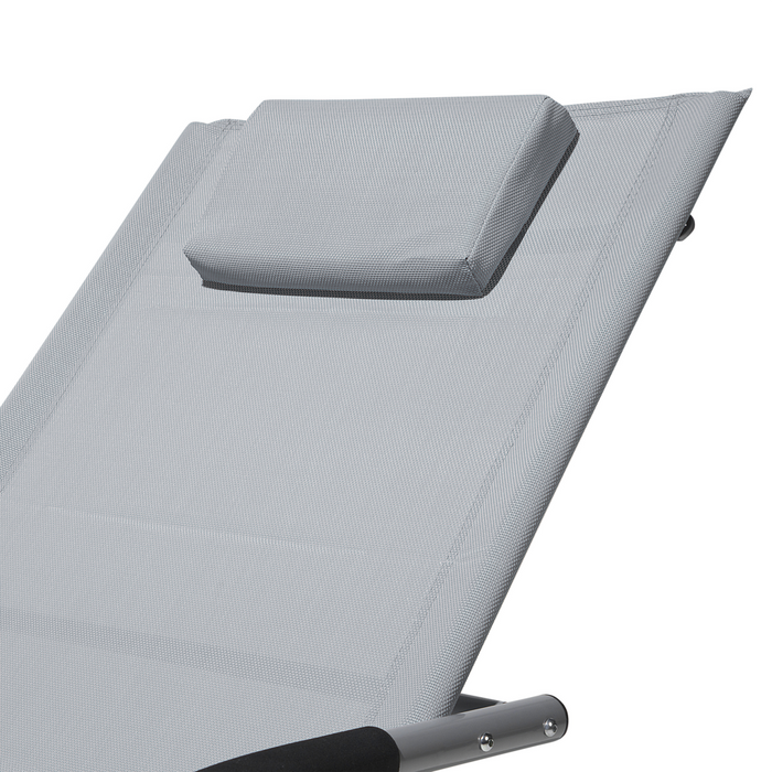 Lettino a dondolo con guide in acciaio grigio imbracatura in tessuto con cuscino per la testa