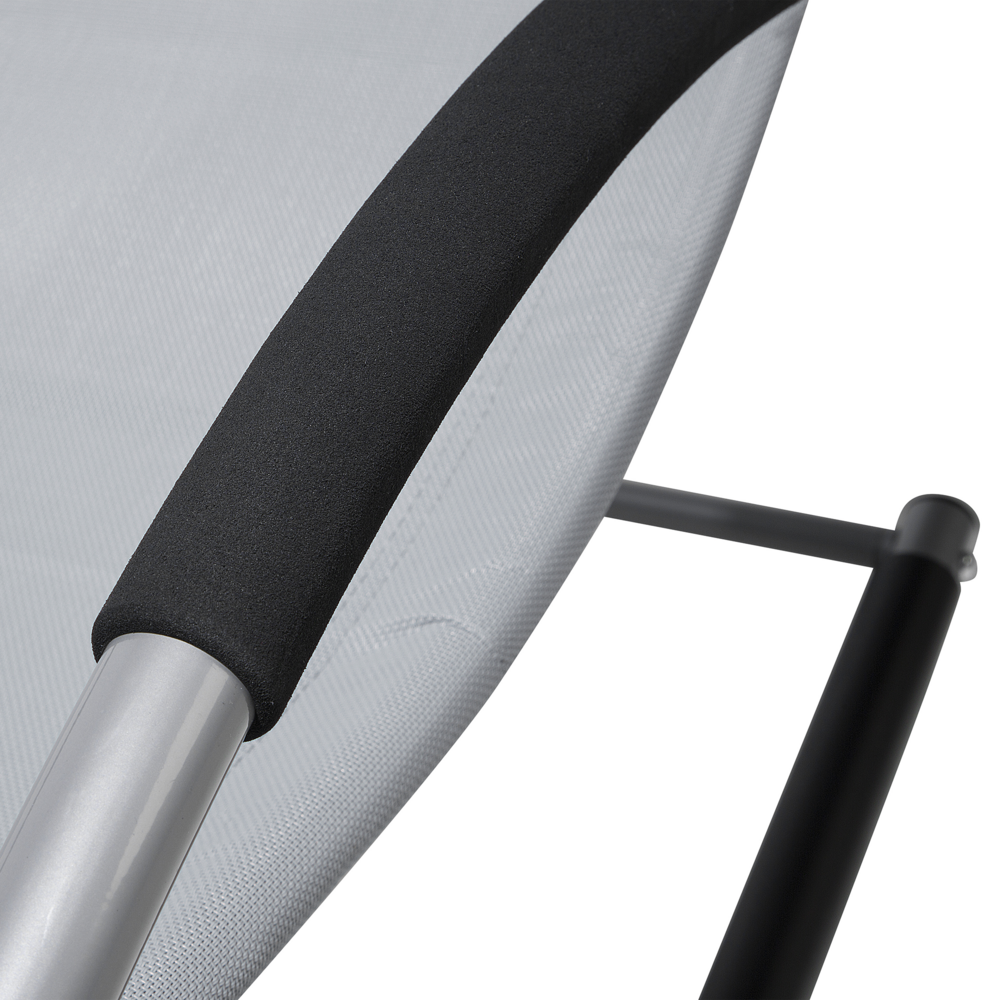 Lettino a dondolo con guide in acciaio grigio imbracatura in tessuto con cuscino per la testa