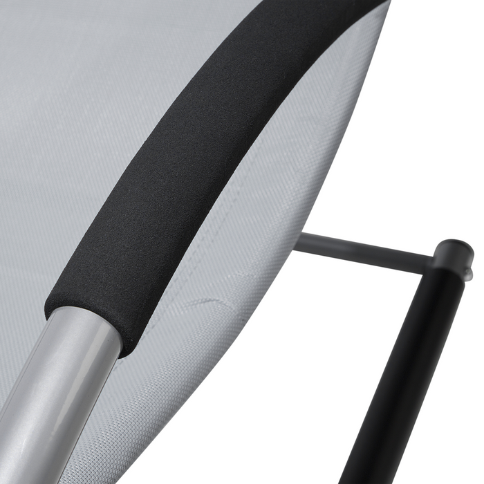 Lettino a dondolo con guide in acciaio grigio imbracatura in tessuto con cuscino per la testa