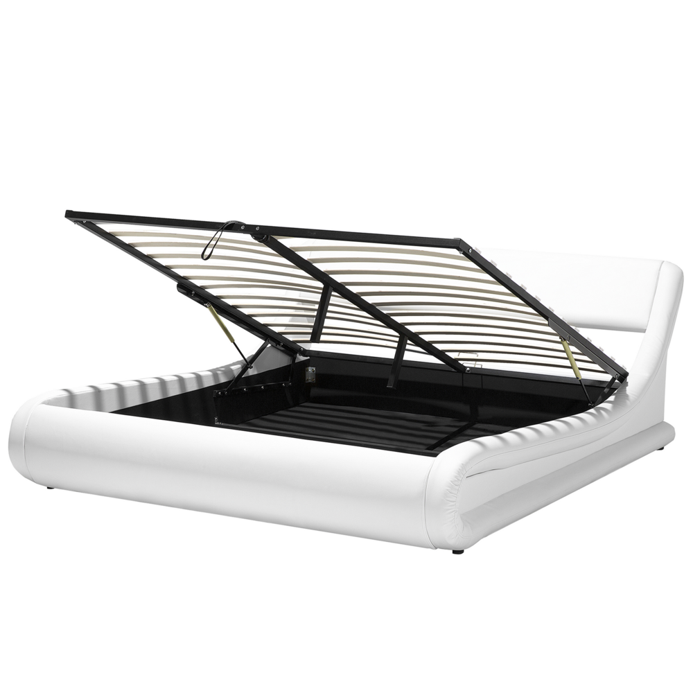 Struttura del letto con piattaforma Pouf imbottito in ecopelle bianca con design a slitta da 180 x 200 cm