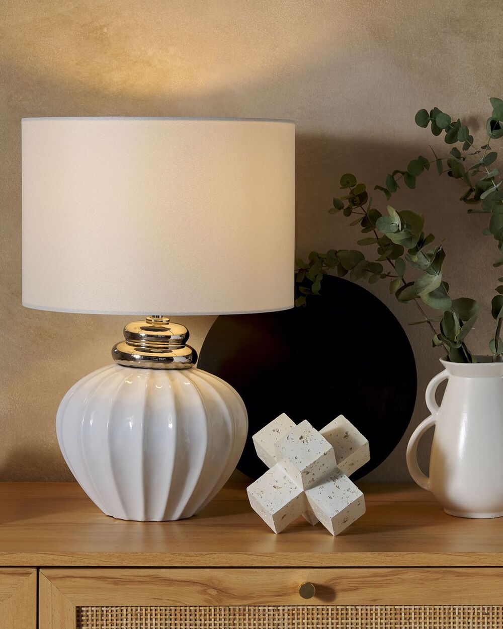 Lampada da Tavolo Lampada da Comodino Base in Ceramica bianco sporco Tamburo paralume in policotone Paralume Rotondo