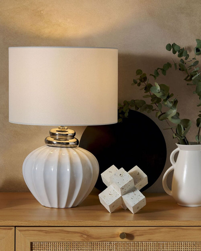 Lampada da Tavolo Lampada da Comodino Base in Ceramica bianco sporco Tamburo paralume in policotone Paralume Rotondo