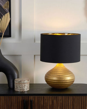Lampada da Tavolo in Ceramica dorato 42H cm Nero Paralume paralume in policotone Base a Coste Moderna