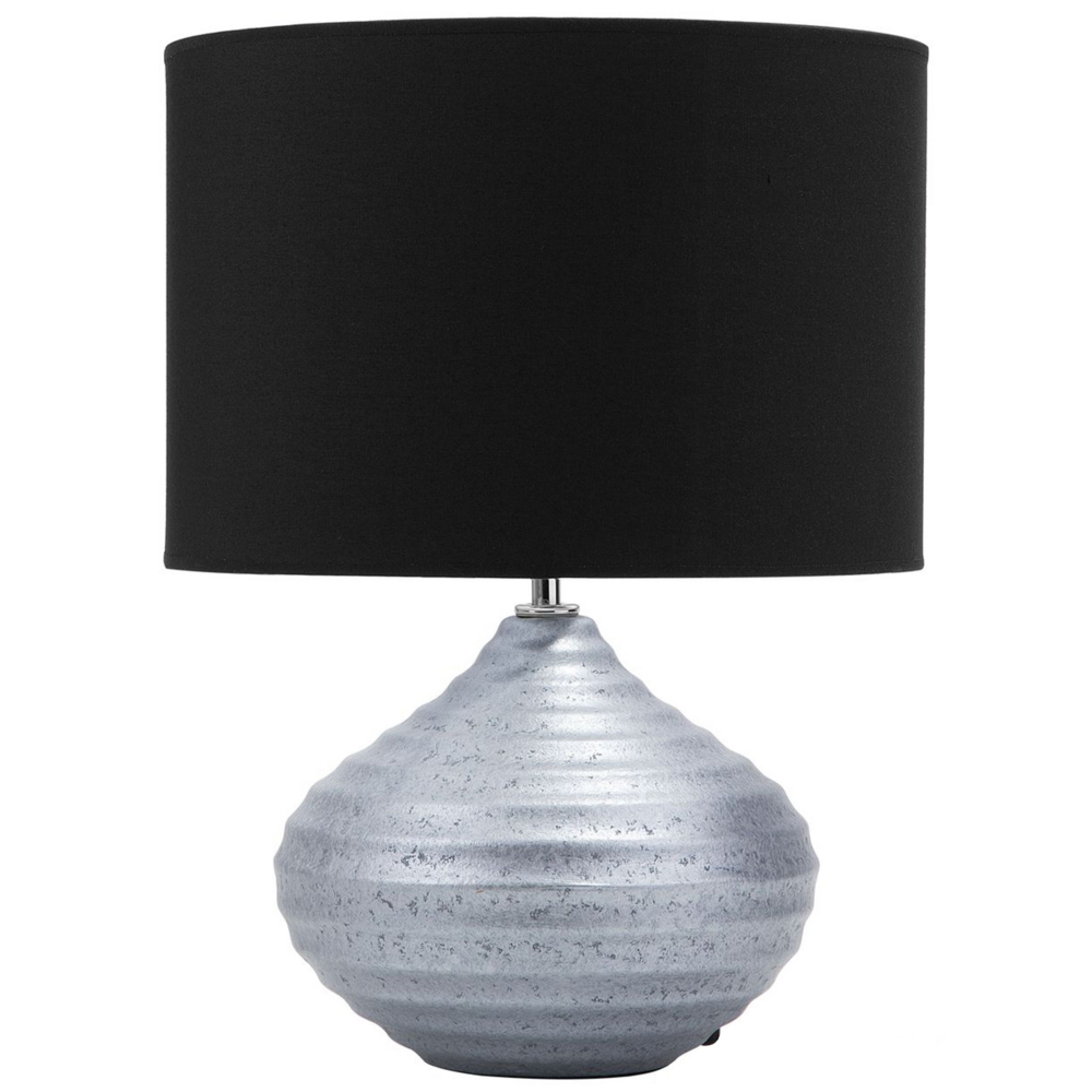 Lampada da Tavolo Argento Ceramica 42H cm Nero Policotone Paralume Base a Costine Moderna