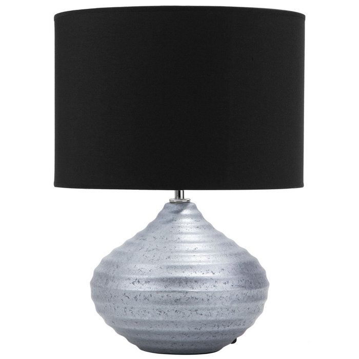 Lampada da Tavolo Argento Ceramica 42H cm Nero Policotone Paralume Base a Costine Moderna