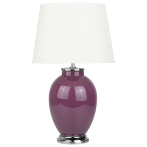 Lampada da Tavolo Comodino Base in Ceramica Viola Chiaro Paralume Impero Rotondo paralume in policotone Bianco