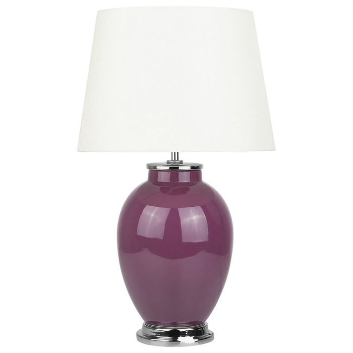 Lampada da Tavolo Comodino Base in Ceramica Viola Chiaro Paralume Impero Rotondo paralume in policotone Bianco