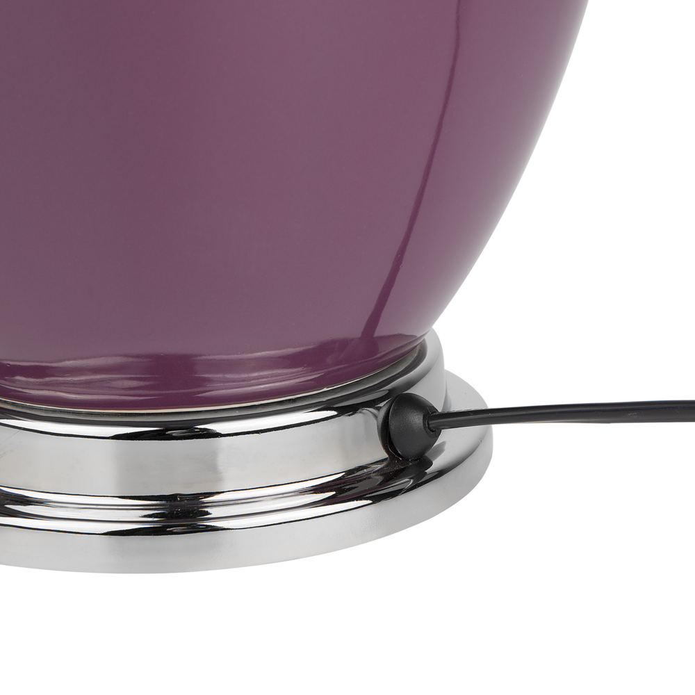 Lampada da Tavolo Comodino Base in Ceramica Viola Chiaro Paralume Impero Rotondo paralume in policotone Bianco