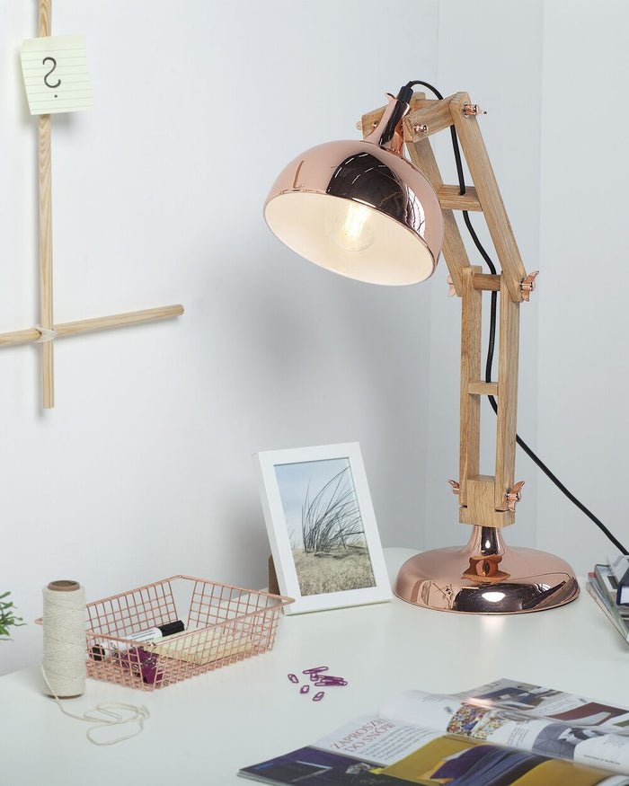 Lampada da scrivania Lampada da tavolo con paralume in metallo con braccio orientabile in legno con luce in rame