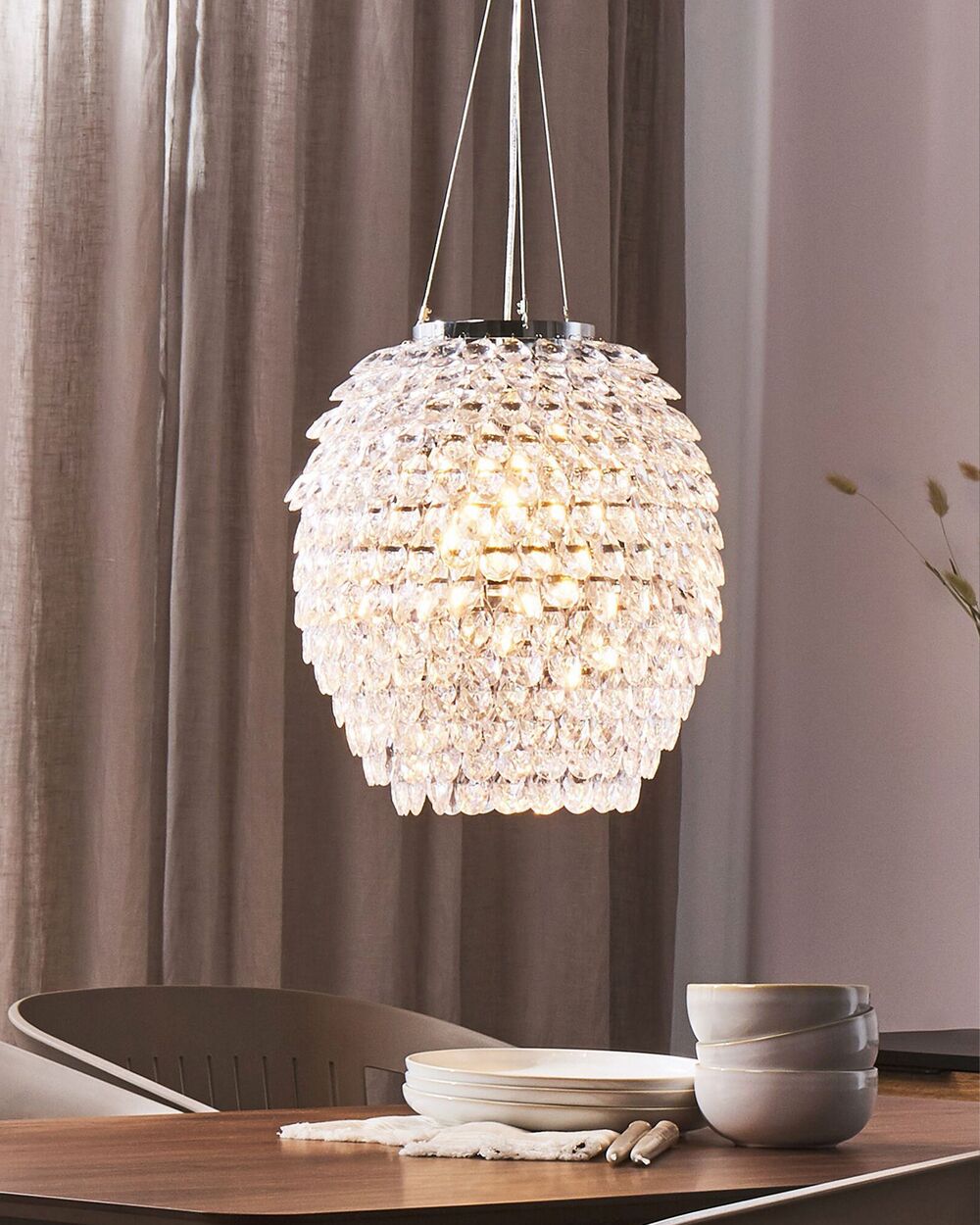lampadario Argento Cristallo 110 cm Sospensione Luce Ambientale Glam