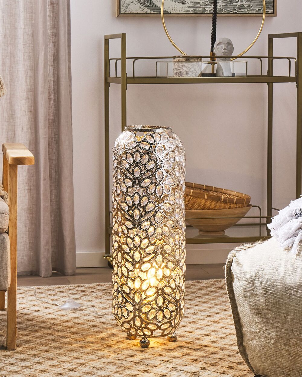 Lampada da Terra Argento Metallo Forma Cilindrica 70 cm Motivo Floreale Glam