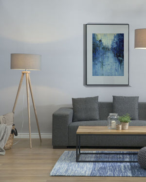 Lampada da Terra Policotone Grigio 142H cm Rovere Legno Chiaro Gambe Treppiede Paralume Tamburo Moderno