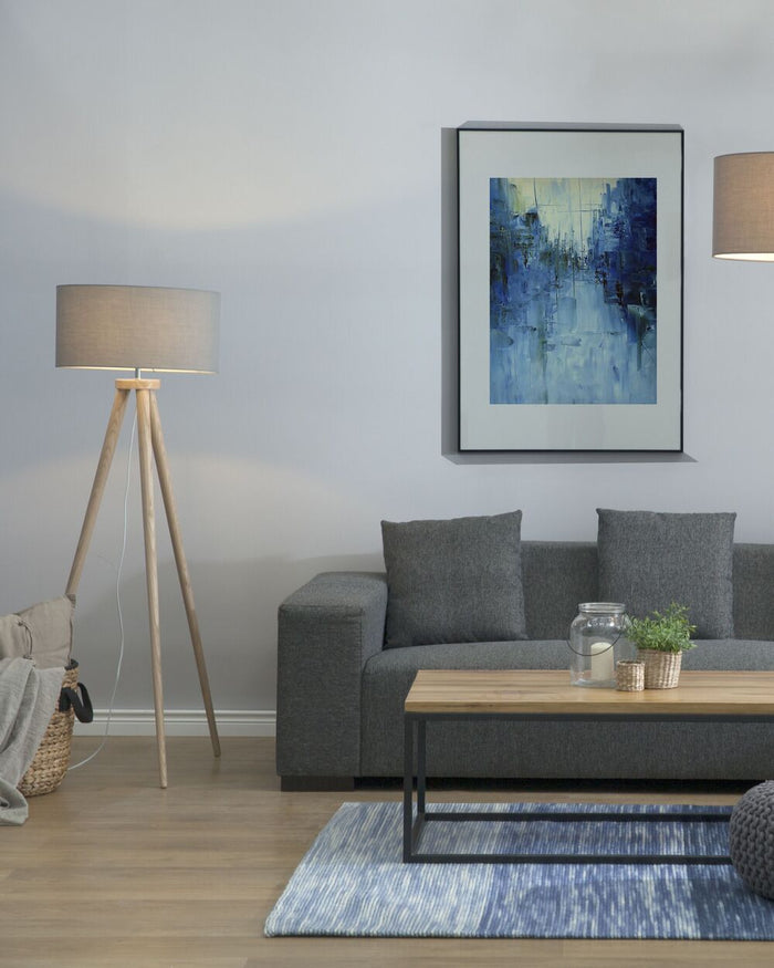 Lampada da Terra Policotone Grigio 142H cm Rovere Legno Chiaro Gambe Treppiede Paralume Tamburo Moderno