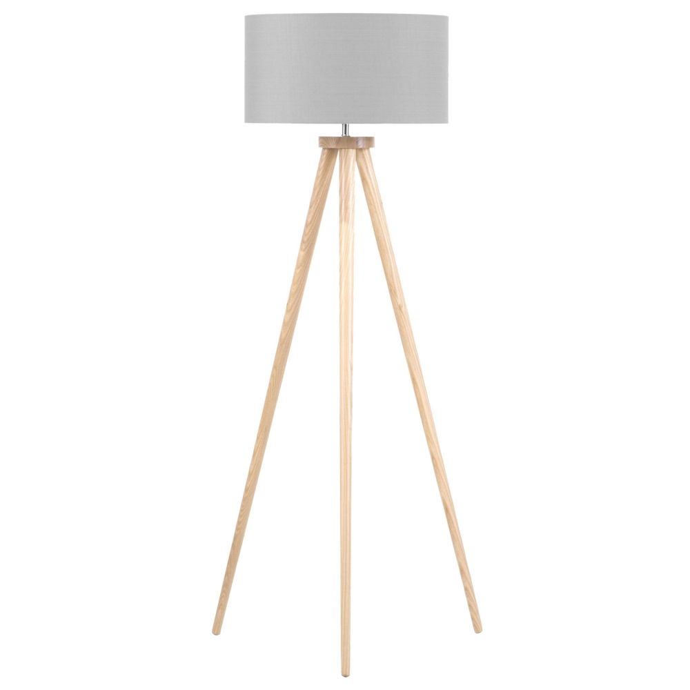 Lampada da Terra Policotone Grigio 142H cm Rovere Legno Chiaro Gambe Treppiede Paralume Tamburo Moderno