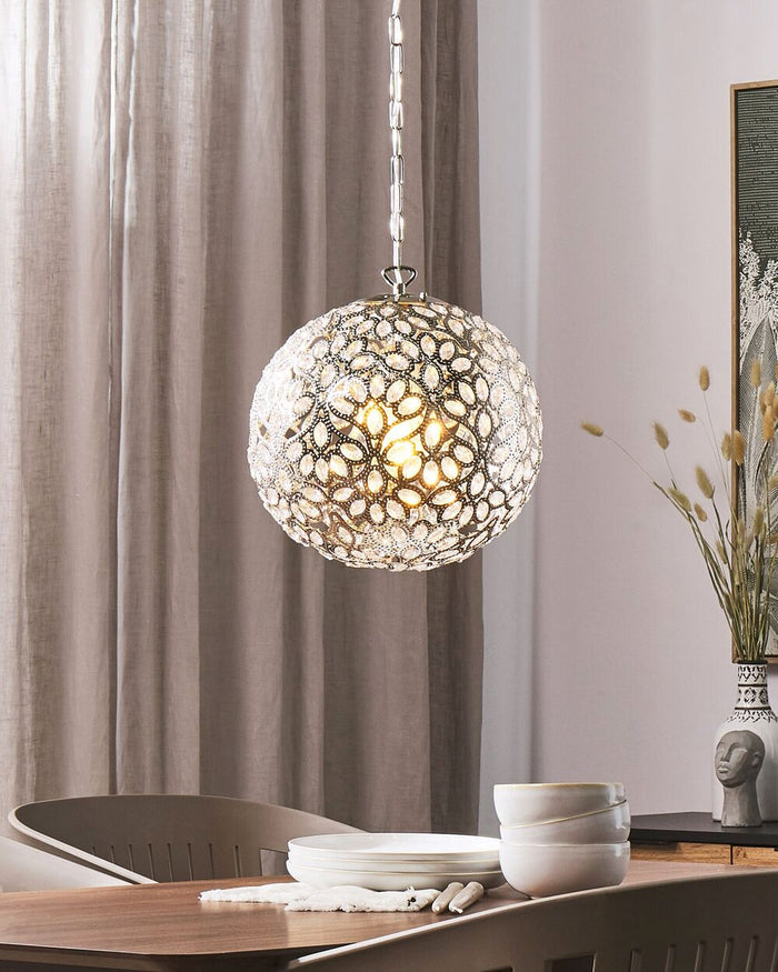 lampadario Argento Metallo 90 cm Pendente Floreale paraluce Cristalli Orientale Boho