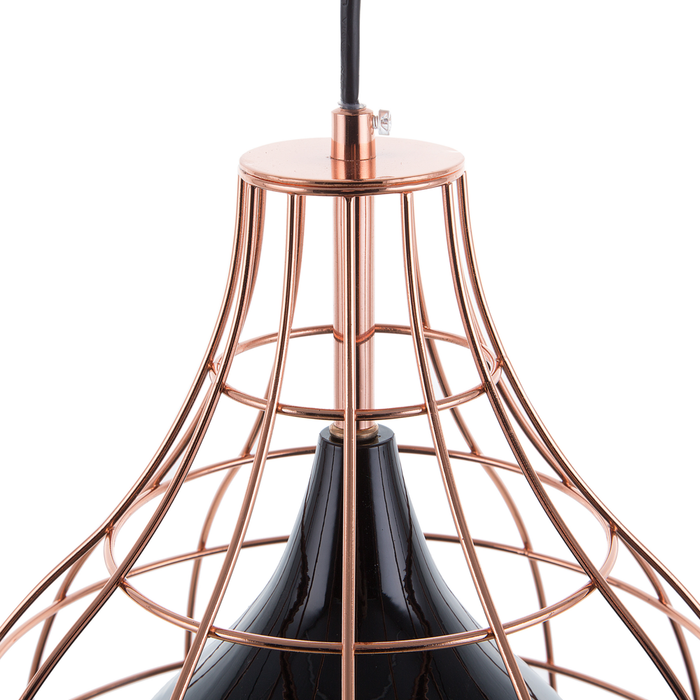 Lampada a sospensione in metallo Nero e rame con paralume a gabbia in rame industriale