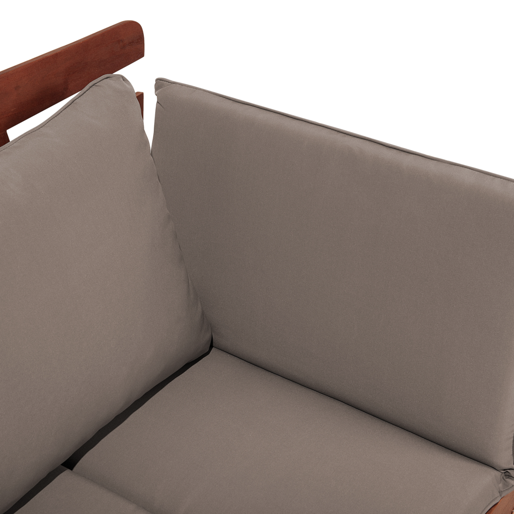 Panca da giardino in legno di eucalipto scuro cuscini grigi per esterni a 2 posti con braccioli reclinabili