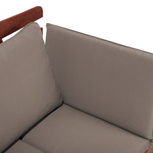 Panca da giardino in legno di eucalipto scuro cuscini grigi per esterni a 2 posti con braccioli reclinabili