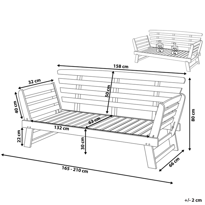 Panca da giardino in legno di eucalipto scuro cuscini grigi per esterni a 2 posti con braccioli reclinabili
