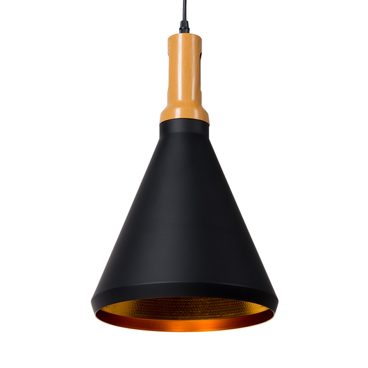 Lampadario Lampada a Sospensione Nera con Paralume Conico in Alluminio dorato e Legno Chiaro Design Industriale