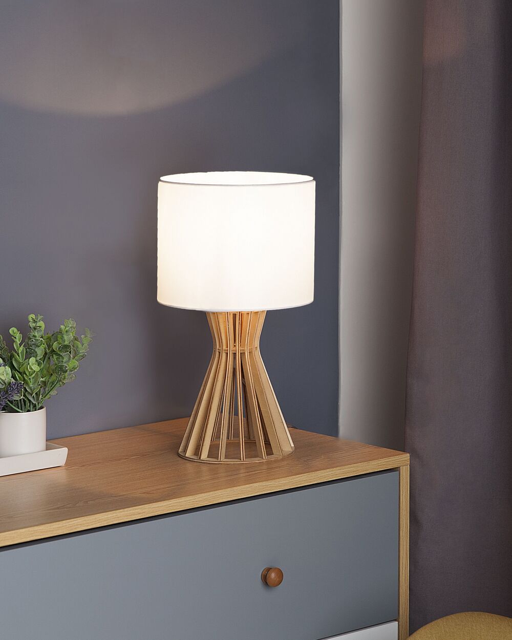 Lampada da Tavolo Legno Chiaro e Paralume Bianco Contemporanea
