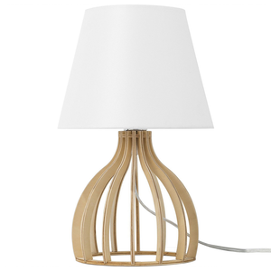 Lampada da Tavolo Base in Legno Chiaro e Paralume in Tessuto Bianco Moderna
