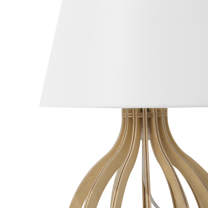 Lampada da Tavolo Base in Legno Chiaro e Paralume in Tessuto Bianco Moderna