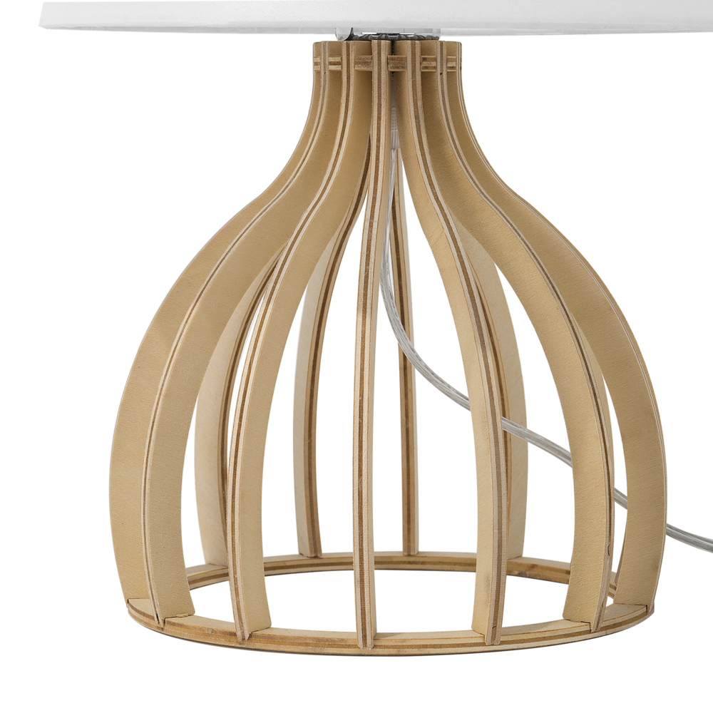 Lampada da Tavolo Base in Legno Chiaro e Paralume in Tessuto Bianco Moderna