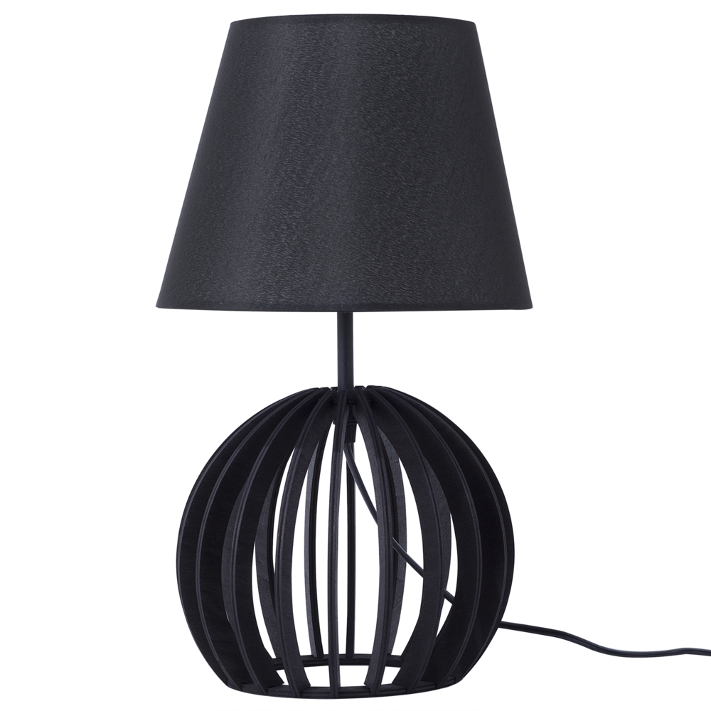 Lampada da Tavolo Nera Rotonda Base in Legno Paralume in Tessuto Nero Moderna