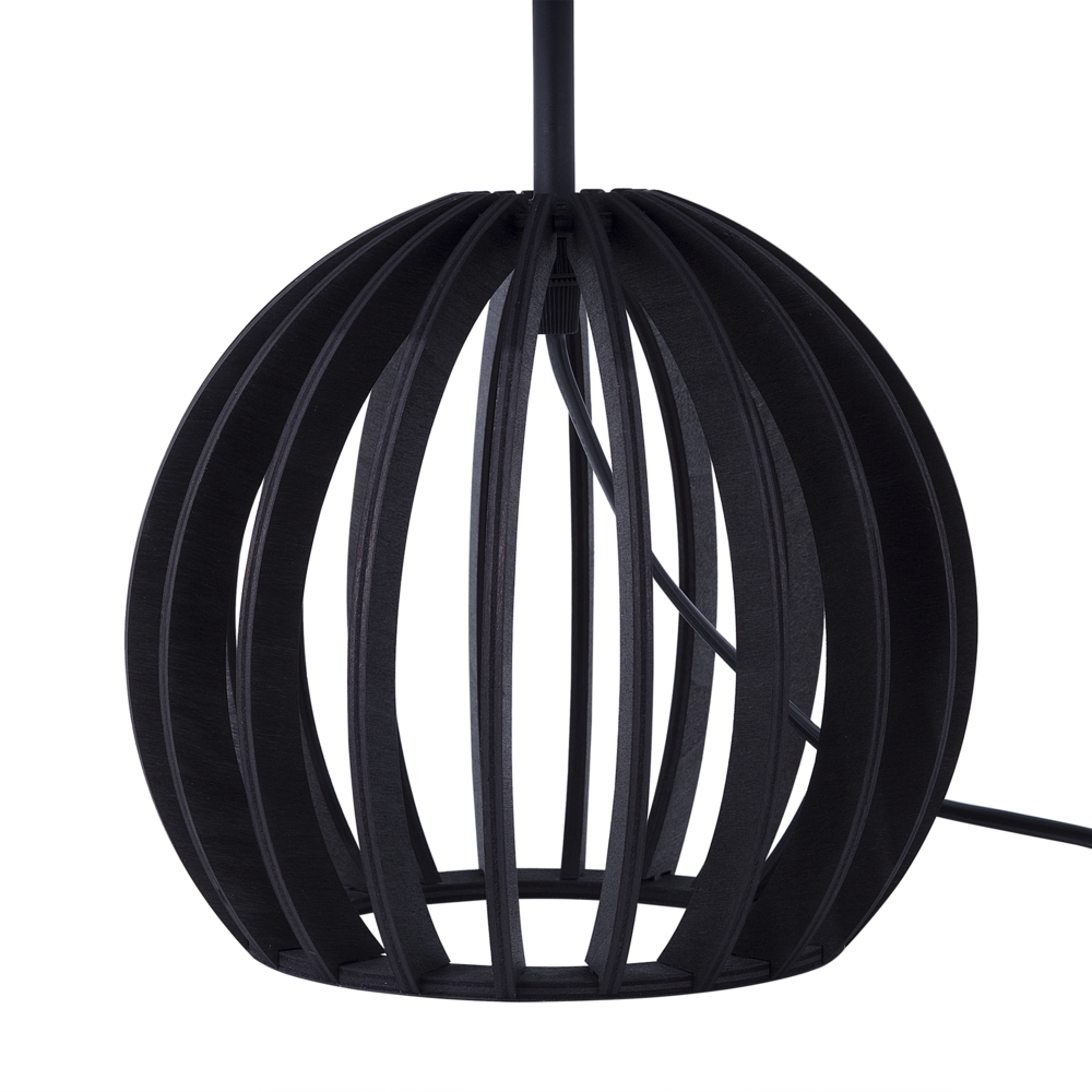 Lampada da Tavolo Nera Rotonda Base in Legno Paralume in Tessuto Nero Moderna