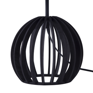 Lampada da Tavolo Nera Rotonda Base in Legno Paralume in Tessuto Nero Moderna