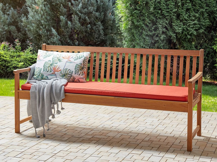 Panca da giardino 3 posti con doghe classiche certificate in legno d'acacia e cuscino rosso mattone 180 cm design elegante impermeabile