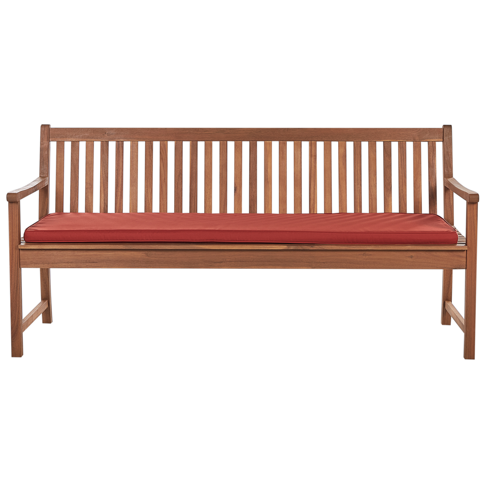 Panca da giardino 3 posti con doghe classiche certificate in legno d'acacia e cuscino rosso mattone 180 cm design elegante impermeabile