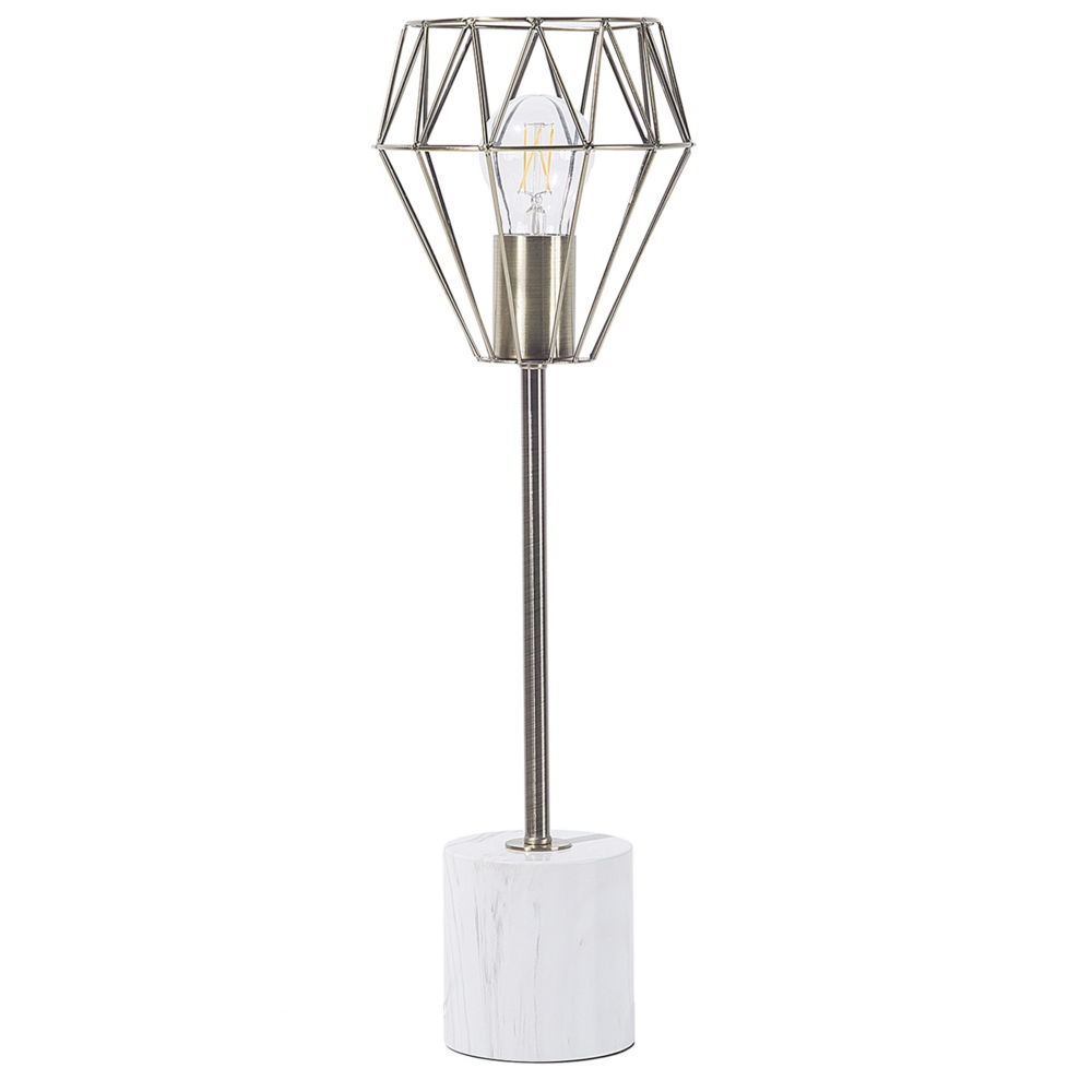 Lampada da Tavolo Comodino Luce Ottone Metallo Diamante Gabbia Paralume Base Rotonda Effetto Marmo Alto