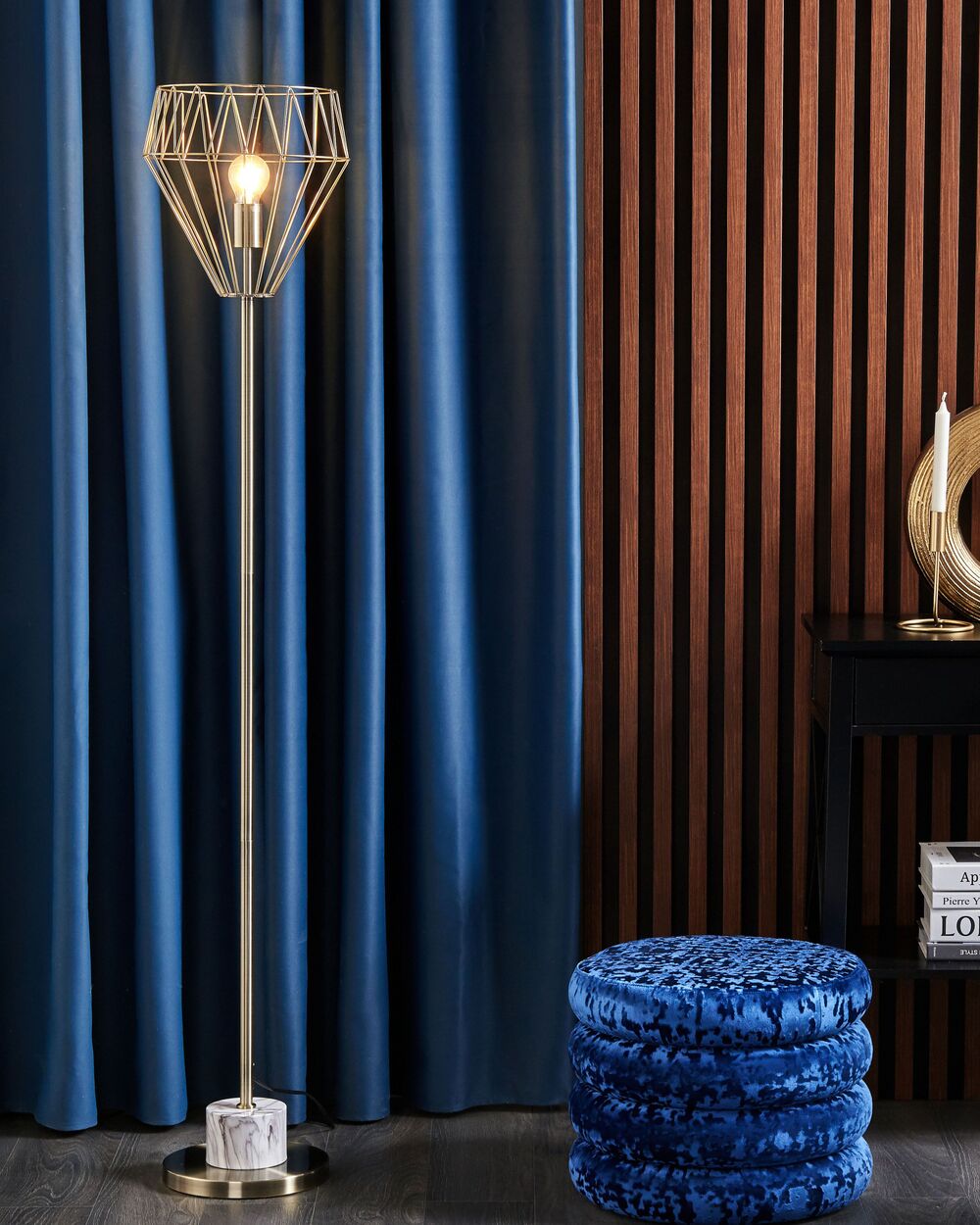 Lampada da Terra Ottone Metallo 160 cm Gabbia Geometrica Paralume Industriale Luce