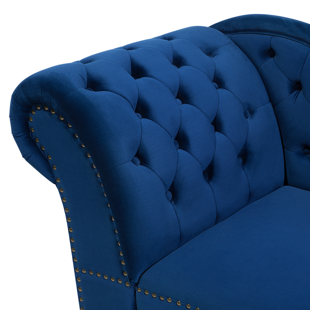 Chaise longue colore blu con bottoni in velluto a versione sinistra Stile Chesterfield