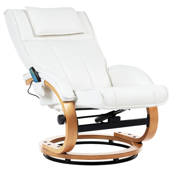 Poltrona reclinabile bianca con poggiapiedi in ecopelle imbottita struttura in legno riscaldamento funzione massaggio design retrò
