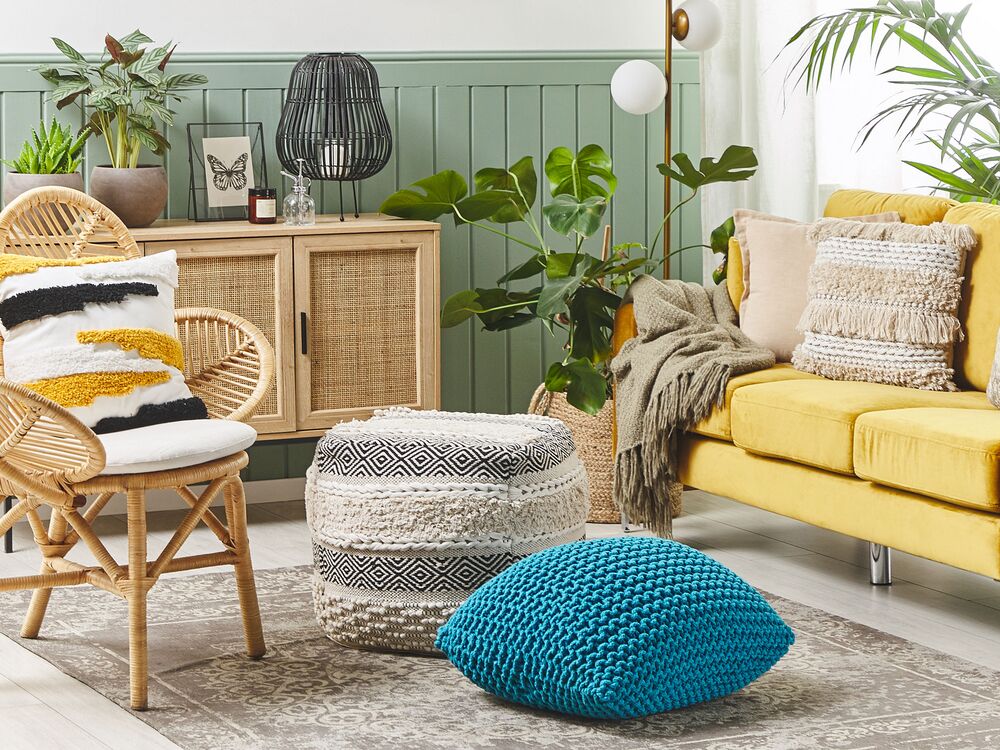 Pouf ottomana blu in cotone lavorato a maglia perline EPS riempimento quadrato piccolo poggiapiedi 50 x 50 cm