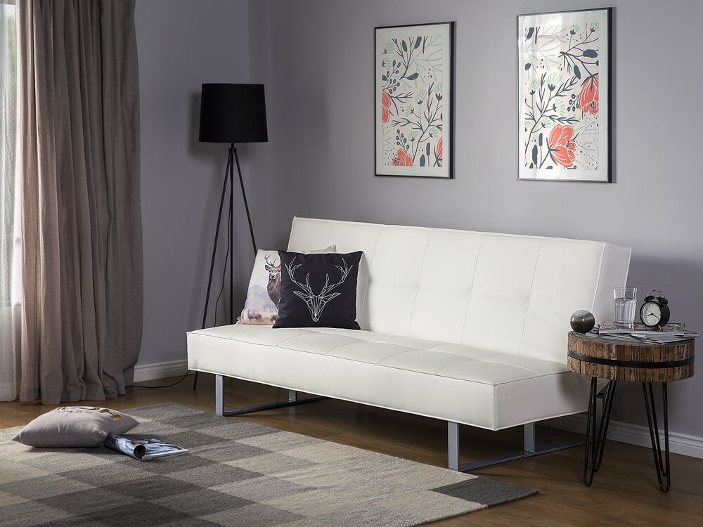 Divano letto in ecopelle bianco moderno soggiorno trasformabile a 3 posti senza braccioli design minimalista