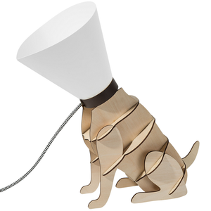 Lampada da Tavolo in Legno Chiaro con Cane Seduto Bianco con Paralume Conico