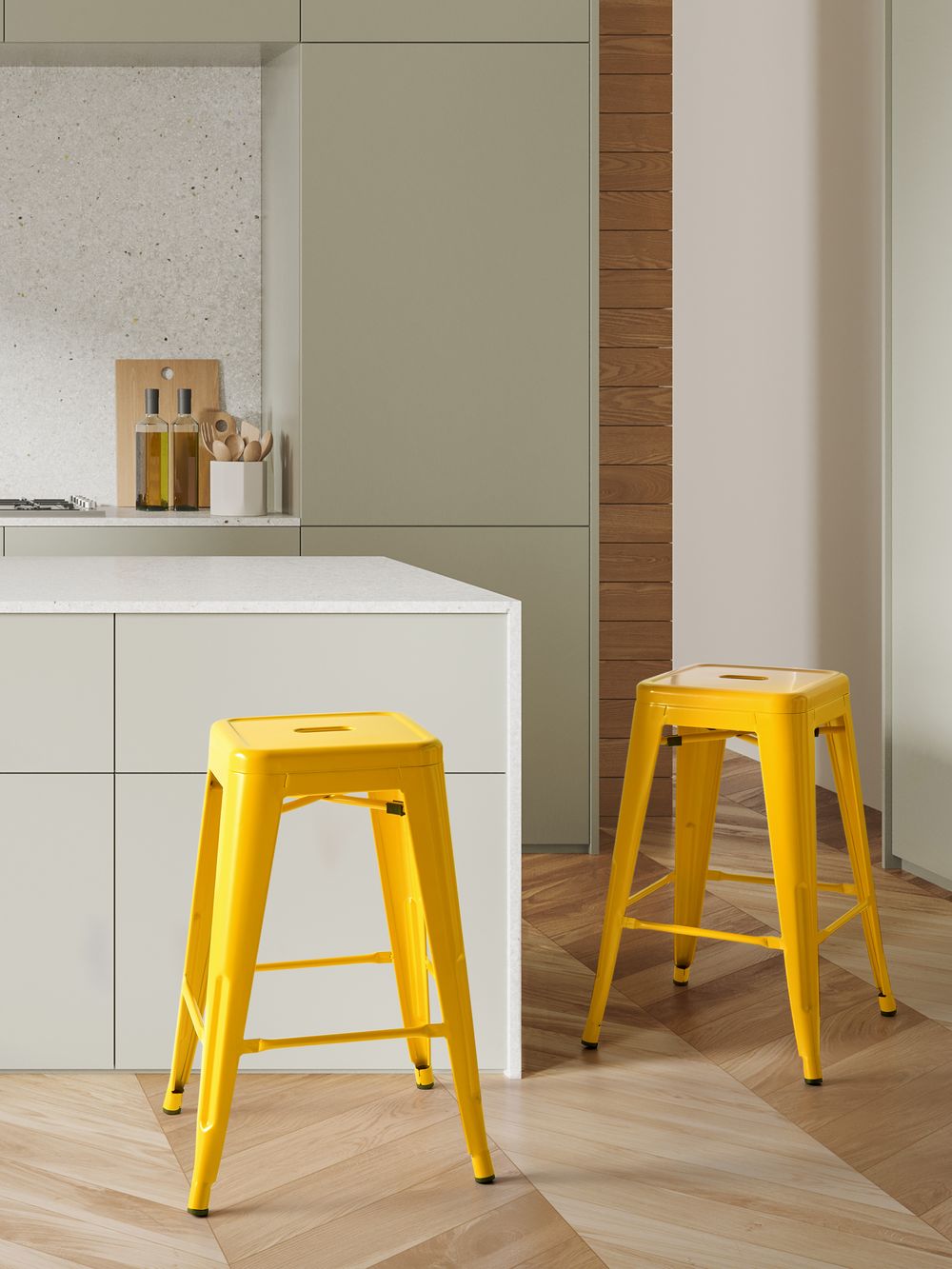Set di 2 sgabelli da bar in Acciaio giallo 60 cm impilabili altezza bancone industriale