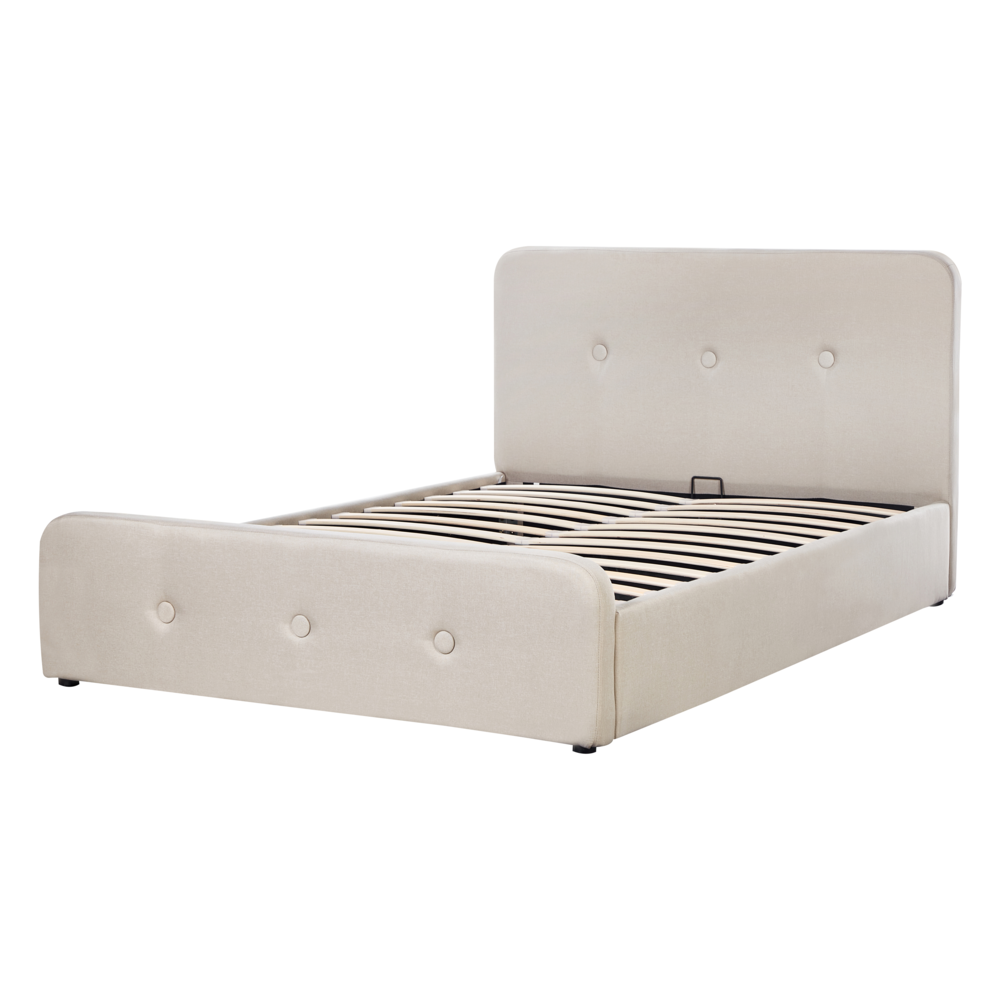 Letto a doghe Tessuto in poliestere beige Gambe in legno imbottite Pouf contenitore 140 x 200 cm matrimoniale Design moderno