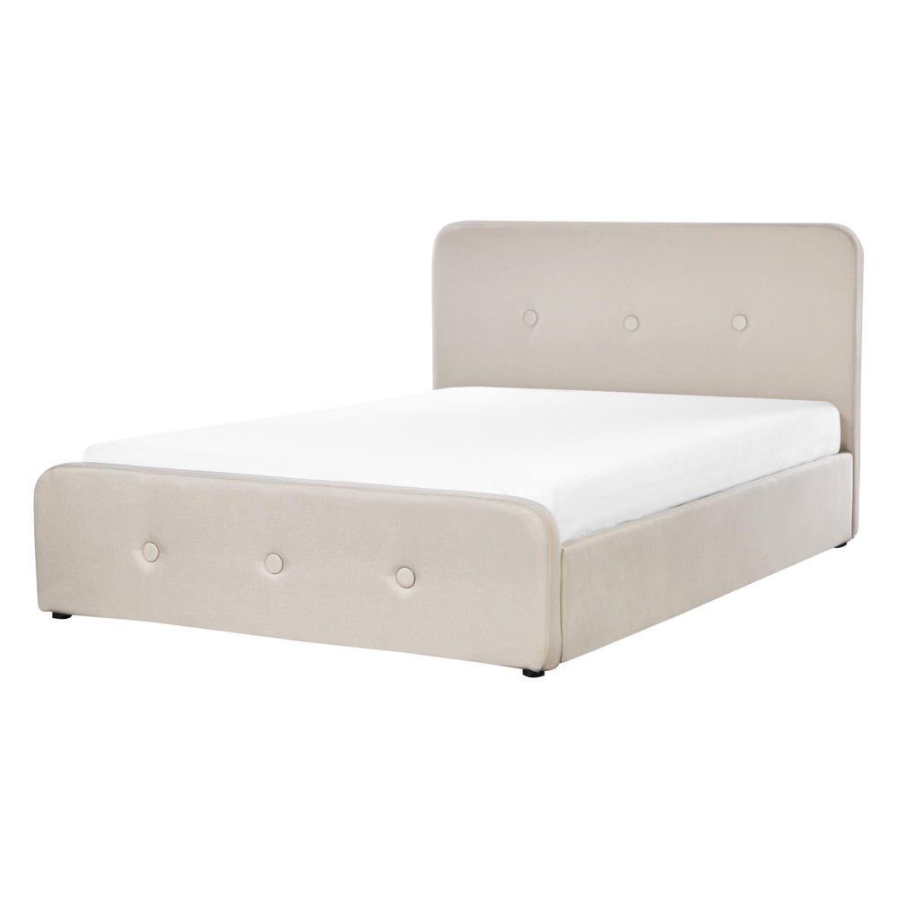 Letto a doghe Tessuto in poliestere beige Gambe in legno imbottite Pouf contenitore 140 x 200 cm matrimoniale Design moderno