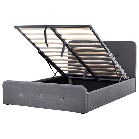 Letto a doghe Tessuto in poliestere grigio scuro Gambe in legno imbottite Pouf contenitore 140 x 200 cm matrimoniale Design moderno