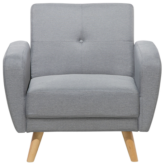 Poltrona imbottita in tessuto grigio trasformabile schienale regolabile gambe in legno soggiorno moderno e minimalista