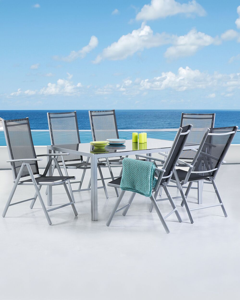 Set di 6 sedie da giardino in tessuto Nero argento struttura in alluminio pieghevole reclinabile