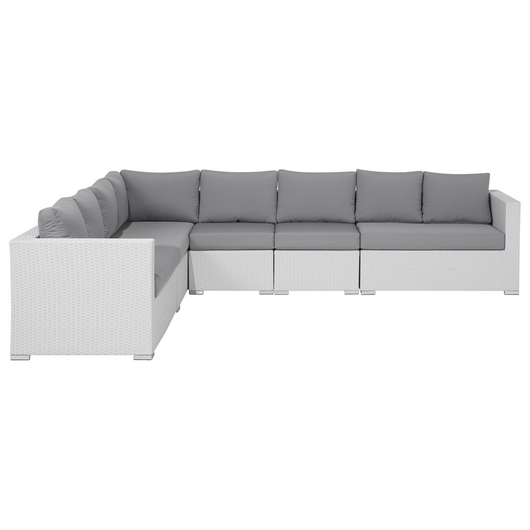 Set divano ad angolo da giardino bianco finto rattan bianco cuscini 8 posti con poltrona tavolo e ottomana vimini set di conversazione